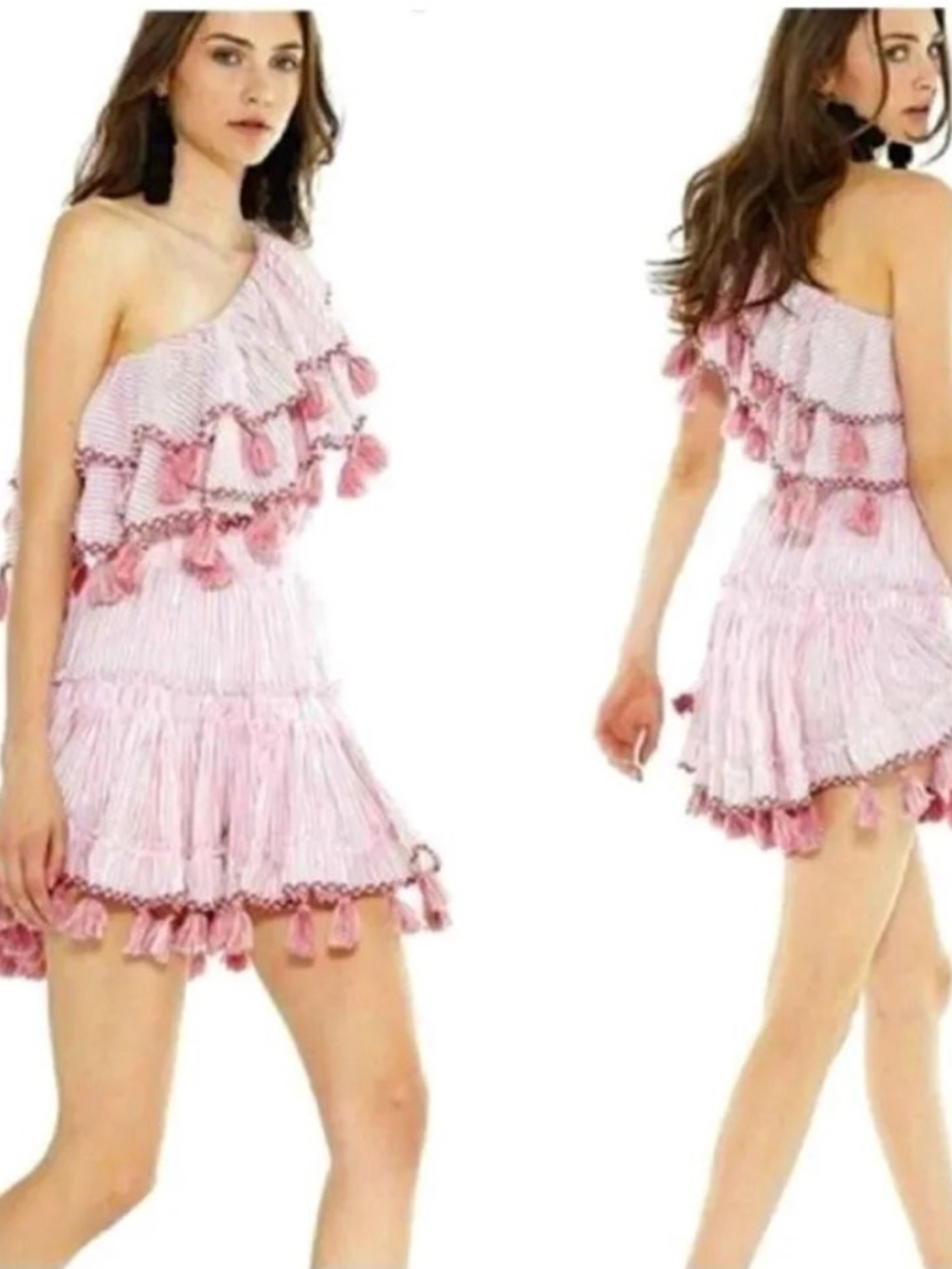 NWT MISA Linnea One Shoulder Striped Tassel Top & Skirt Set - Red/White
